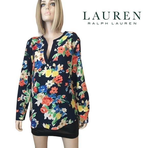 Ralph Lauren Blouse Top Shirt Plunge Neck Tunic Tank Long Sleeve Vivid Floral - Picture 1 of 13